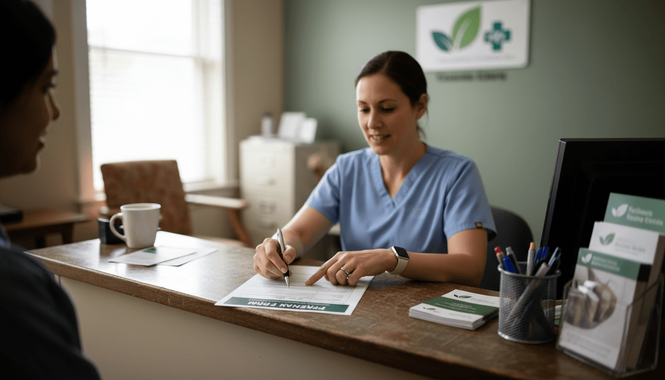 Healthcare clinic receptionist processing patient intake at front desk