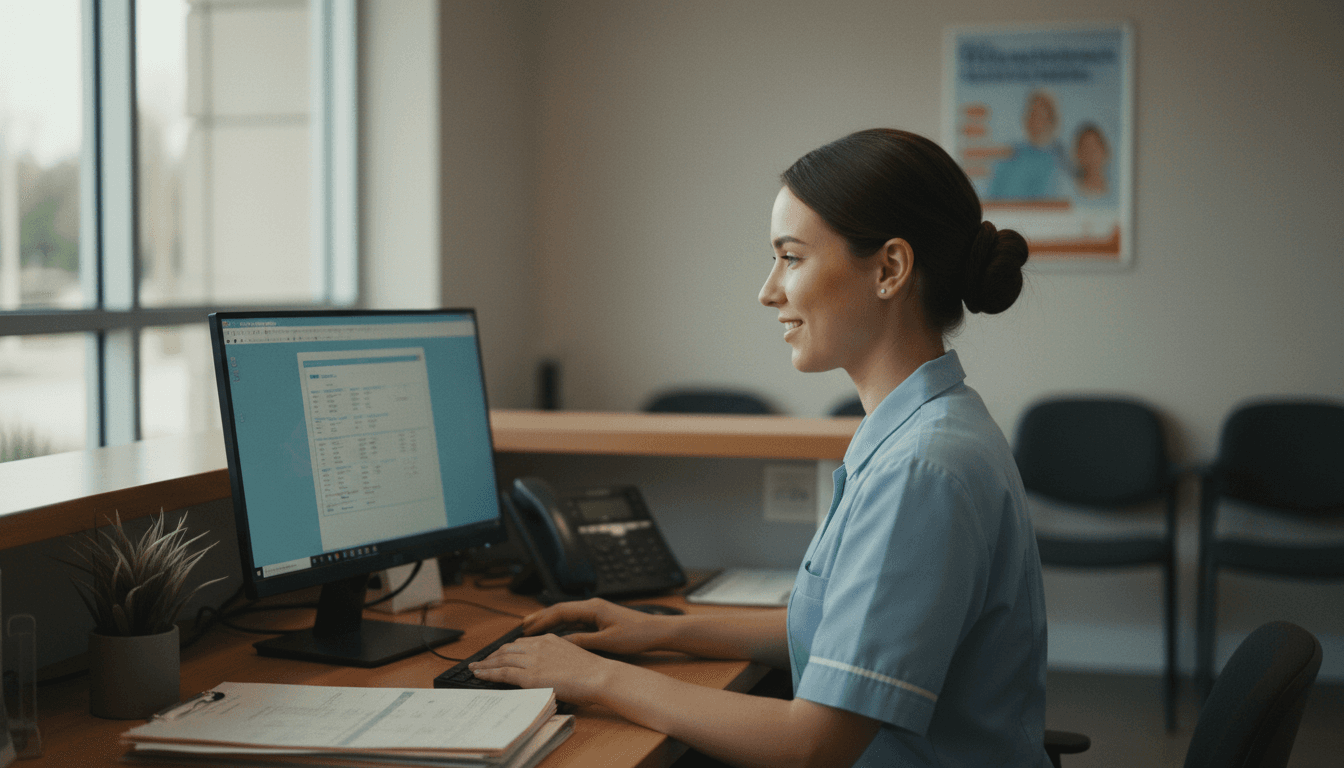 Clinic receptionist managing patient scheduling and administrative tasks on computer